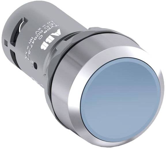 Blauer Leucht-Taster in zylindrischer Form mit silbernem Rahmen, geeignet für industrielle Steuerungsanwendungen.