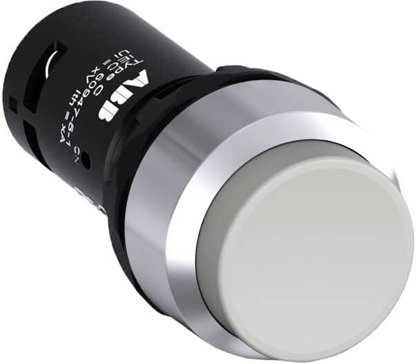 Ein runder, silberner Druckknopf mit schwarzem Gehäuse, möglicherweise für industrielle Anwendungen. Oben mit 'ABB' beschriftet.