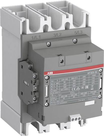 Industrieschütz AF305-30 mit Beschriftungen und LEDs zur Stromkontrolle. Hauptmerkmale: 3-phasig, 220-240V, 50/60Hz. Anwendungen in Elektrotechnik.