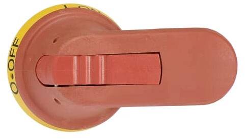 Roter Not-Aus-Schalter in 'OFF'-Position, mit gelbem Ring und schwarzem 'OFF'-Aufdruck.