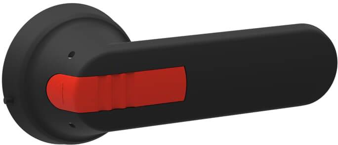 Schwarzer Türgriff mit rotem Akzent in der Mitte, montiert auf einer runden Basis.
