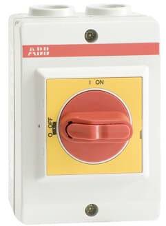 Roter Hauptschalter auf weißer Platte mit gelbem Hintergrund, zeigt 'O' für Aus und 'I' für Ein.