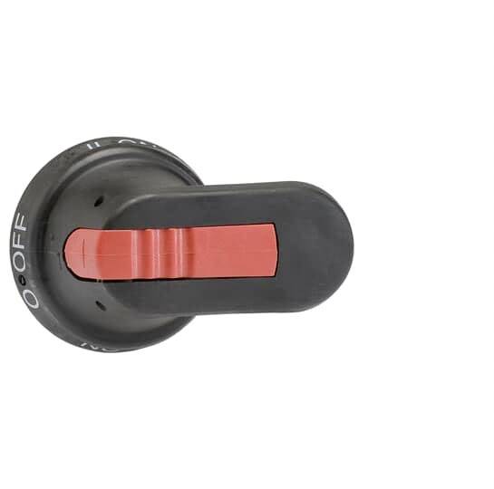 Ein schwarzer Schalter mit rotem Hebel zeigt auf 'OFF'. Der Schalter kann gedreht werden, um den Stromfluss zu steuern.