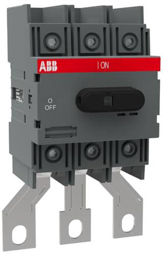 Ein elektrischer Schalter mit zwei Positionen: 'I ON' und 'O OFF'. Drei Anschlüsse am unteren Rand, Markenlogo 'ABB' oben links.