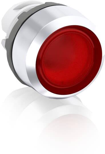 Roter Druckknopf mit silbernem Rand, geeignet für industrielle Anwendungen und Steuerungen, auf einem weißen Hintergrund.