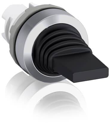 Schwarzer Drehknopf mit silbernem Rand, teils von einer flexiblen schwarzen Manschette umgeben.