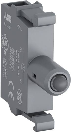 Ein grauer Schalter von ABB mit mehreren Zertifizierungslogos und Seriennummer, geeignet für industrielle Steuerungen.