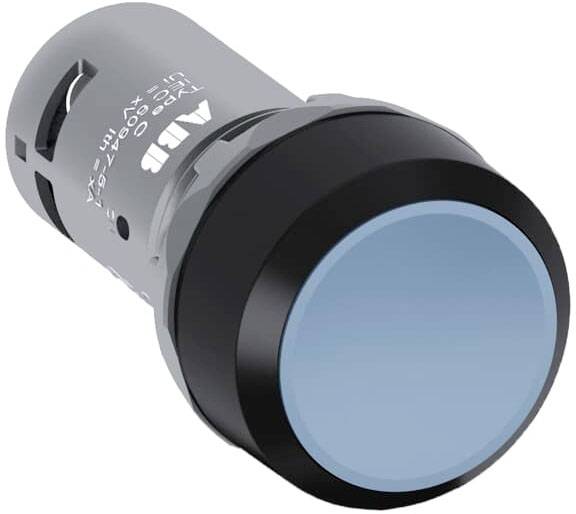 Ein runder, blau leuchtender LED-Druckknopf mit schwarzem Rand und grauer Basis, geeignet für industrielle Steuerungen.