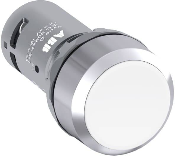 Ein runder, silberner Druckknopf mit weißer Oberfläche, geeignet für industrielle Steuerpaneele. Im Hintergrund sind technische Details eingraviert.