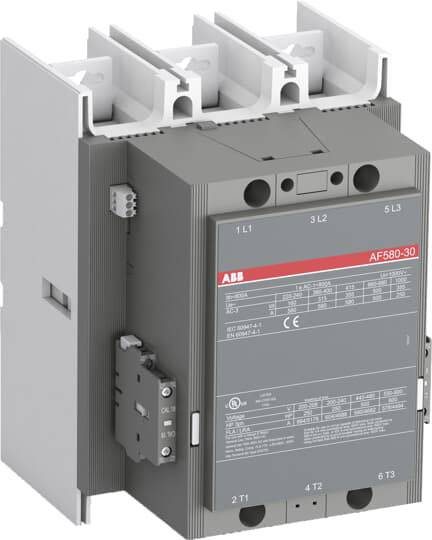 'Industrieschütz ABB AF580-30' zeigt ein rechteckiges elektrisches Bauteil mit Anschlüssen oben, technische Daten auf der Vorderseite.