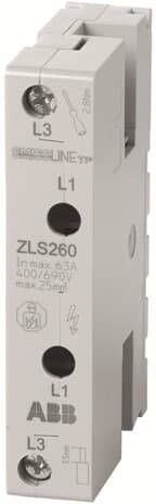 Bild eines dreipoligen Leitungsschutzschalters (ZLS260) von ABB, mit Angaben zur Belastbarkeit von 63A und maximal 25kA.