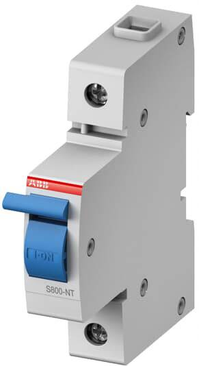 Ein grauer Schutzschalter mit rotem Logo und blauem Hebel. Beschriftet mit 'S800-NT'.