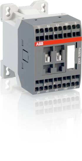 Grauer elektrischer Schütz von ABB für industrielle Anwendungen, Vorderansicht mit sichtbaren Anschlüssen und Markenzeichen.