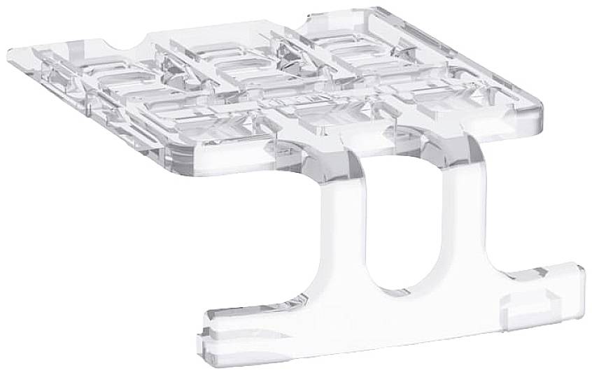 Ein transparenter Kunststoffhalter in H-Form, verwendet zur Stabilisierung oder Befestigung von Objekten.