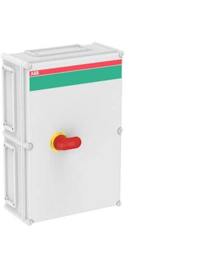 Elektrischer Schaltschrank mit rotem Notaus-Schalter vorne. Weiße Gehäuse mit rotem und grünem Streifen oben. Automatisierungskomponente.