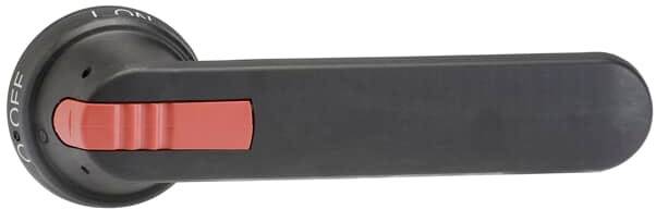 Ein schwarzer Hebel mit einem roten Schieber auf der Oberseite. Links ist der Schriftzug 'ON' und 'OFF' zu sehen.