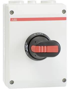 Ein weißer Schalterkasten mit schwarzem Drehschalter, der auf 'OFF' steht. Oben links befindet sich eine rote Linie mit einem Logo.