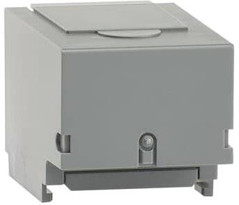 Graues, quadratisches Kunststoffgehäuse mit abgerundeten Ecken und einem abnehmbaren Deckel; technisches Bauteil.