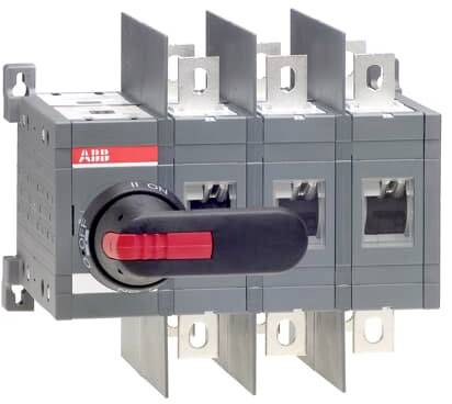 Ein elektrischer Leistungsschalter mit rotem Hebel; geeignet zur Unterbrechung von Stromkreisen in industriellen Anwendungen.