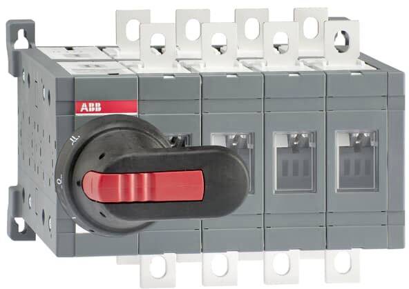 Ein vierpoliger Lasttrennschalter von ABB, grau mit rotem Hebel, für elektrische Schalttafeln.
