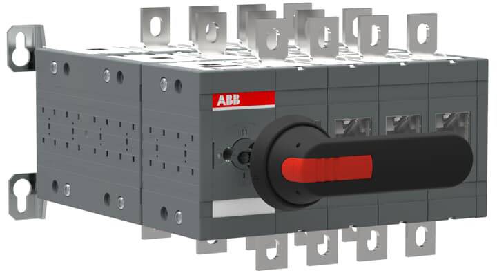 Stromschalter mit rotem Griff und grauem Gehäuse, montiert an Metallhalterungen, geeignet für elektrische Anlagen und Systeme.
