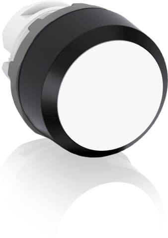 Ein runder, weißer Druckknopf mit schwarzem Rand, schräg von der Seite fotografiert, auf weißem Hintergrund.