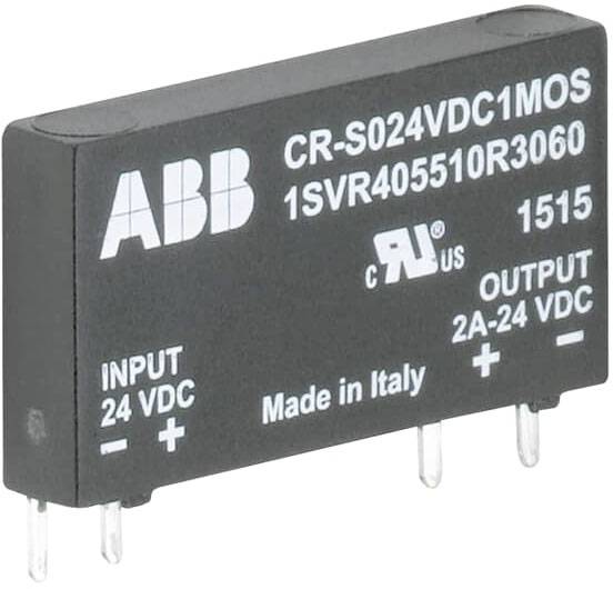 Ein rechteckiges, schwarzes elektrisches Bauteil mit weißen Aufdrucken, darunter 'ABB', 'INPUT 24 VDC', 'OUTPUT 2A-24 VDC'.