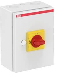 Ein elektrischer Hauptschalter in einem weißen Gehäuse mit rotem Schalter, geeignet zur Unterbrechung der Stromversorgung.