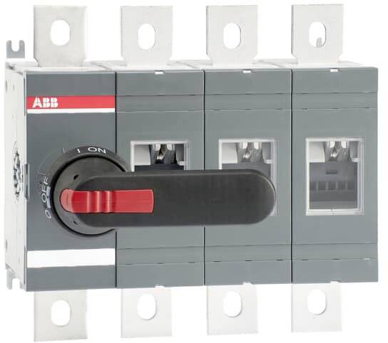 Geschaltet: Ein grauer Leistungsschalter von ABB mit rotem Hebel, zeigt 'Off' und 'On'-Positionen an, für elektrische Steuerung.