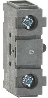 Abbildung eines elektrischen Bauteils mit zwei Schraubanschlüssen und einem zentralen Schalter, vermutlich ein Leistungsschalter.