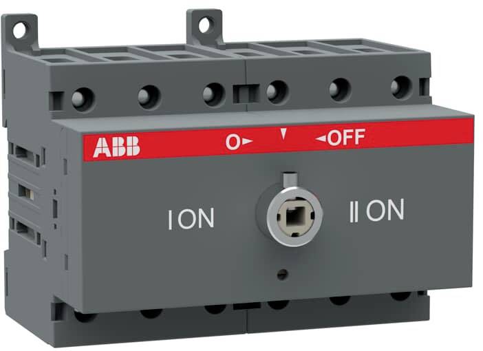 Ein grauer Stromschalter mit rotem Streifen, der Markenname 'ABB' ist sichtbar. Die Positionen 'I ON' und 'II ON' sowie 'OFF' sind markiert.
