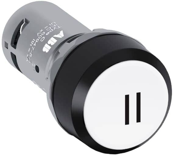 Ein großer Pauseknopf mit zwei parallelen Linien ist abgebildet. Der Knopf hat einen schwarzen Rand und einen weißen Hintergrund.