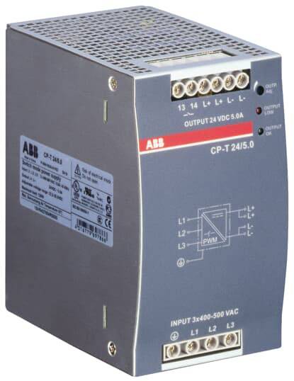 Ein graues elektronisches Gerät mit Anschlussklemmen oben und unten. Der Aufdruck weist auf einen 'OUTPUT 24 VDC 5.0 A' und 'INPUT 3x400-500 VAC' hin.