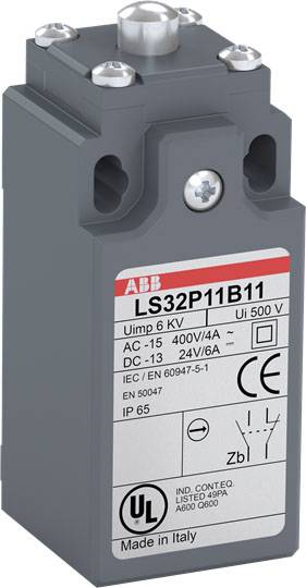 Elektrischer Endschalter mit Gehäuse, Beschriftung zeigt technische Spezifikationen wie Spannung und Schutzart IP65.