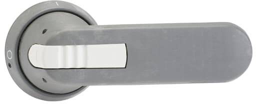 Grauer Türgriff, horizontal montiert, mit einem weißen Druckknopf zur Entriegelung an der Innenseite einer Tür befestigt.