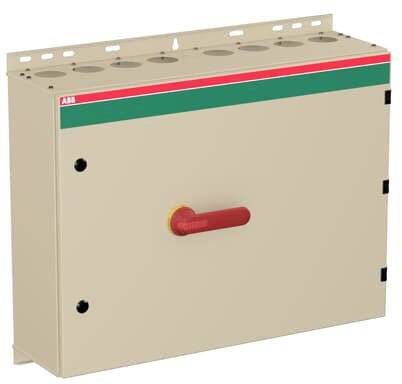 Ein rechteckiger, beige-grauer Schaltschrank mit rotem Schalter und grüner Linie, geeignet für elektrische Steuerungsanwendungen.