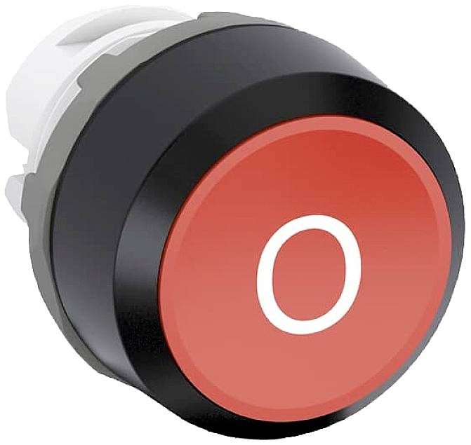 Roter Druckknopf mit dem Buchstaben 'O' in der Mitte.