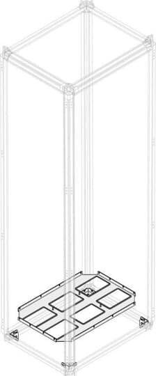 Ein transparentes, vertikales Rahmengerüst mit einer strukturierten Plattform am Boden und offener Spitze.