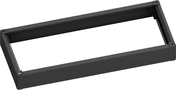 Metallrahmen eines modularen Racks, rechteckig, schwarz und leer. Geeignet zur Integration von Komponenten in Elektroniksystemen.