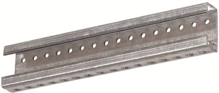 Metallschiene mit Löchern für Befestigungen, zeigt eine C-Form mit gleichmäßig verteilten Bohrungen über die gesamte Länge.