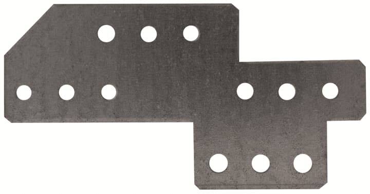 Metallplatte mit L-förmigem Design und acht runden Löchern, verteilt auf beiden Abschnitten der Struktur.