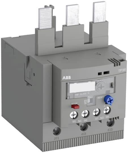 Graues ABB Motorschutzrelais TF96 mit Tasten und Kontrollleuchten auf der Vorderseite, drei Anschlussklemmen oben.