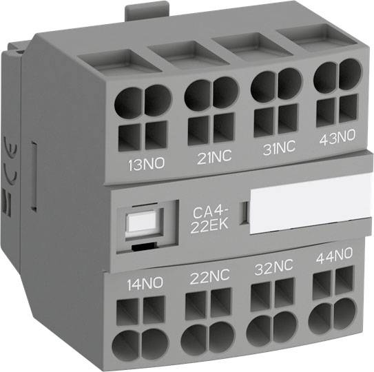 Ein elektrisches Schaltgerät mit mehreren Anschlussklemmen, gekennzeichnet mit Zahlen und Abkürzungen wie 'NC' und 'NO'.