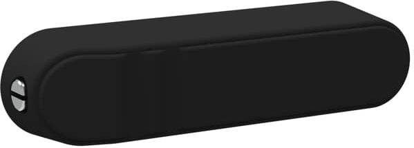 Ein schwarzer, länglicher Lautsprecher mit abgerundeten Kanten und einem silbernen Knopf an der Seite.