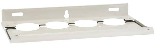 Stahlhalterung mit vier runden Aussparungen, zur Wandmontage, geeignet für die Befestigung von runden Gegenständen, weiß lackiert.