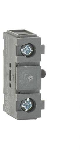 Ein schwarzer, rechteckiger elektrischer Schalter mit zwei blauen Schrauben.