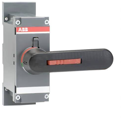 Elektrischer Schalter von ABB mit schwarzem Hebel in Wippenstellung. Graues Gehäuse und rotes Detail betonen die Bedienwirkung.