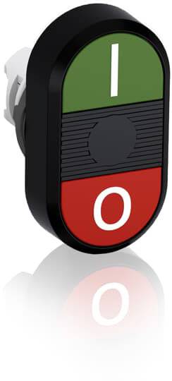 Ein ovaler Kippschalter mit grüner 'I' (Ein) und roter 'O' (Aus) Markierung, jeweils auf der oberen und unteren Hälfte.