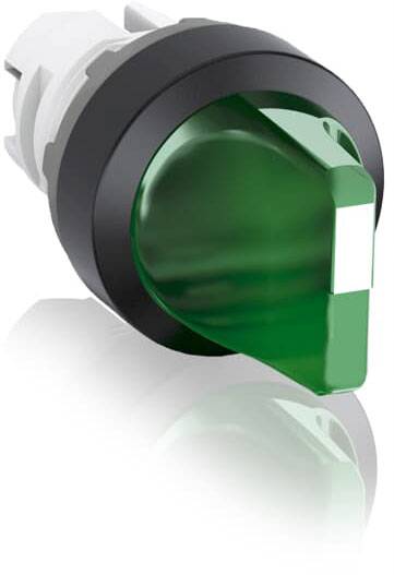 Grüner Drehschalter mit schwarzem Rand aus Kunststoff, positioniert auf reflektierender Oberfläche.