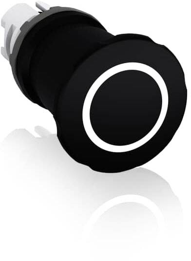 Schwarzer Knopf mit weißem Ring auf weißem Hintergrund.